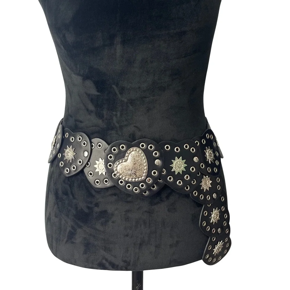 Black Heart Concho Belt Womens Western Boho Silver Grommet Festival 44 Inch